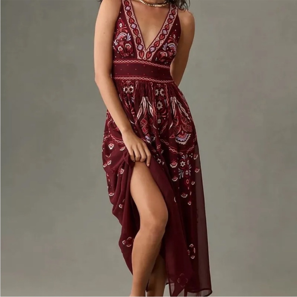Anthropologie Burgundy V-Neck Deco Midi Dress with Embroidery